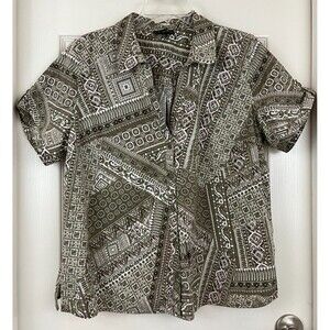 ERICA - Moss Green Patchwork Print Short Sleeve Cotton Blend Button-Up Shirt XL